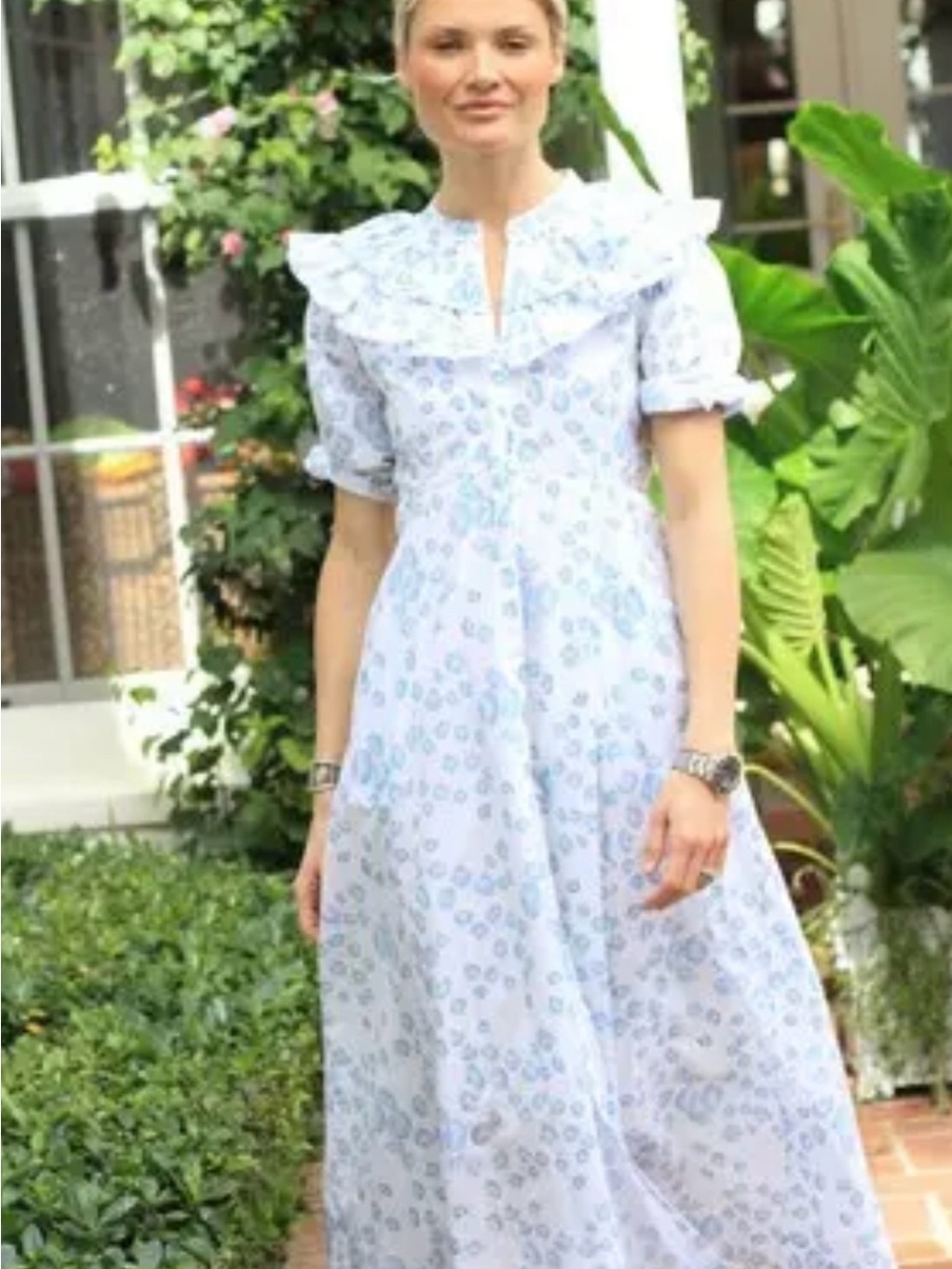 Light Blue Floral Ruffle-Trim Maxi Dress